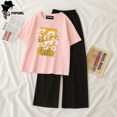 Women Summer Casual Two Piece Sets Printed T-Shirt And Straight Pants Outfits
