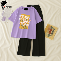 Women Summer Casual Two Piece Sets Printed T-Shirt And Straight Pants Outfits