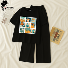 Women Summer Casual Two Piece Sets Printed T-Shirt And Straight Pants Outfits