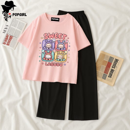 Women Summer Casual Two Piece Sets Printed T-Shirt And Straight Pants Outfits