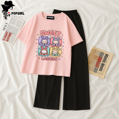 Women Summer Casual Two Piece Sets Printed T-Shirt And Straight Pants Outfits