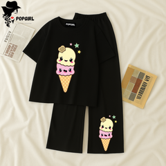 Women Summer Casual Two Piece Sets Printed T-Shirt And Straight Pants Outfits