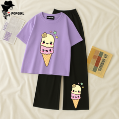 Women Summer Casual Two Piece Sets Printed T-Shirt And Straight Pants Outfits