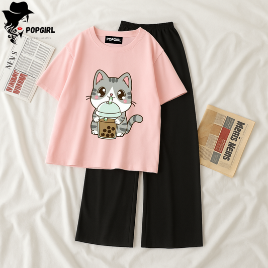 Women Summer Casual Two Piece Sets Printed T-Shirt And Straight Pants Outfits
