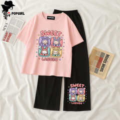 Women Summer Casual Two Piece Sets Printed T-Shirt And Straight Pants Outfits