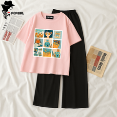 Women Summer Casual Two Piece Sets Printed T-Shirt And Straight Pants Outfits