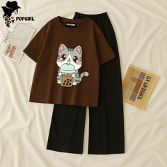 Women Summer Casual Two Piece Sets Printed T-Shirt And Straight Pants Outfits