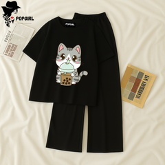 Women Summer Casual Two Piece Sets Printed T-Shirt And Straight Pants Outfits