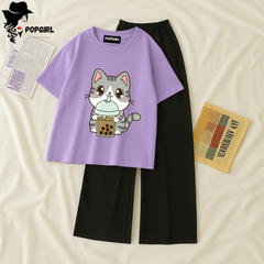 Women Summer Casual Two Piece Sets Printed T-Shirt And Straight Pants Outfits