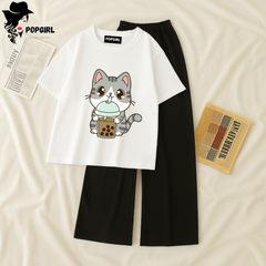 Women Summer Casual Two Piece Sets Printed T-Shirt And Straight Pants Outfits