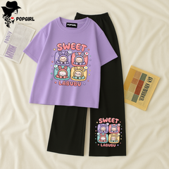 Women Summer Casual Two Piece Sets Printed T-Shirt And Straight Pants Outfits