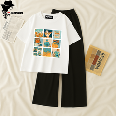 Women Summer Casual Two Piece Sets Printed T-Shirt And Straight Pants Outfits