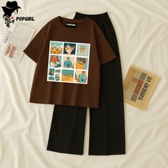 Women Summer Casual Two Piece Sets Printed T-Shirt And Straight Pants Outfits