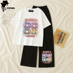 Women Summer Casual Two Piece Sets Printed T-Shirt And Straight Pants Outfits