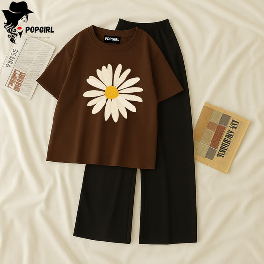 Women Summer Casual Two Piece Sets Printed T-Shirt And Straight Pants Outfits