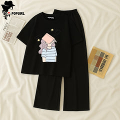 Women Summer Casual Two Piece Sets Printed T-Shirt And Straight Pants Outfits