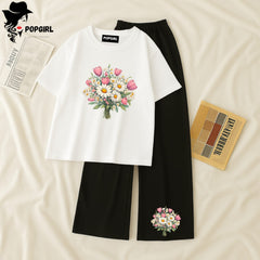 Women Summer Casual Two Piece Sets Printed T-Shirt And Straight Pants Outfits