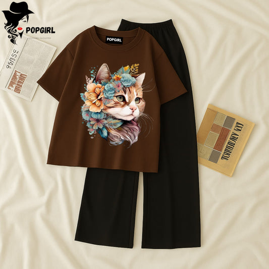 Women Summer Casual Two Piece Sets Printed T-Shirt And Straight Pants Outfits