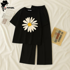 Women Summer Casual Two Piece Sets Printed T-Shirt And Straight Pants Outfits