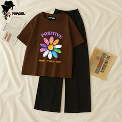 Women Summer Casual Two Piece Sets Printed T-Shirt And Straight Pants Outfits