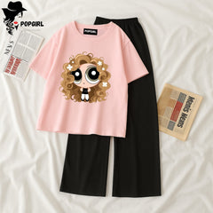 Women Summer Casual Two Piece Sets Printed T-Shirt And Straight Pants Outfits