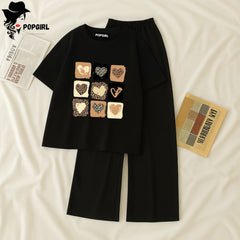 Women Summer Casual Two Piece Sets Printed T-Shirt And Straight Pants Outfits