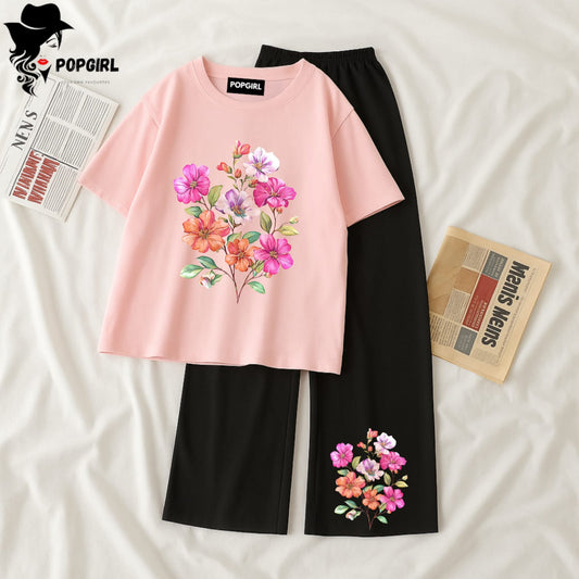 Women Summer Casual Two Piece Sets Printed T-Shirt And Straight Pants Outfits
