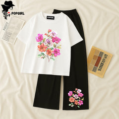 Women Summer Casual Two Piece Sets Printed T-Shirt And Straight Pants Outfits