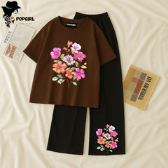 Women Summer Casual Two Piece Sets Printed T-Shirt And Straight Pants Outfits