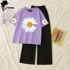 Women Summer Casual Two Piece Sets Printed T-Shirt And Straight Pants Outfits