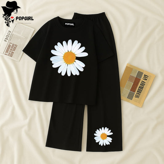 Women Summer Casual Two Piece Sets Printed T-Shirt And Straight Pants Outfits