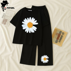 Women Summer Casual Two Piece Sets Printed T-Shirt And Straight Pants Outfits