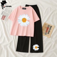 Women Summer Casual Two Piece Sets Printed T-Shirt And Straight Pants Outfits