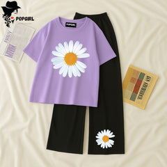 Women Summer Casual Two Piece Sets Printed T-Shirt And Straight Pants Outfits
