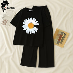 Women Summer Casual Two Piece Sets Printed T-Shirt And Straight Pants Outfits