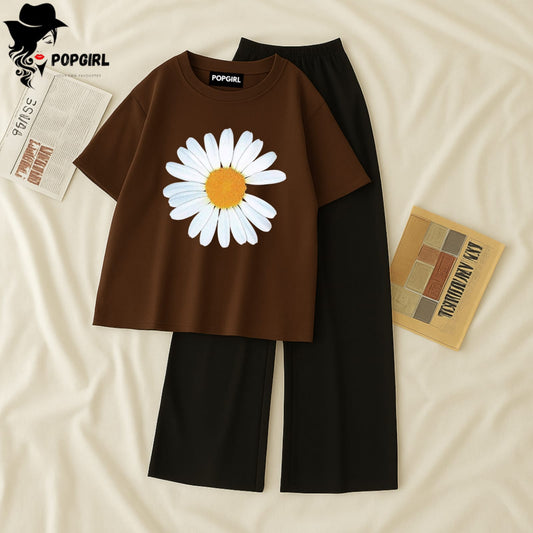 Women Summer Casual Two Piece Sets Printed T-Shirt And Straight Pants Outfits