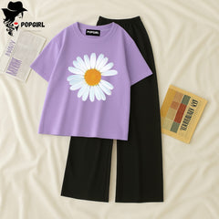Women Summer Casual Two Piece Sets Printed T-Shirt And Straight Pants Outfits